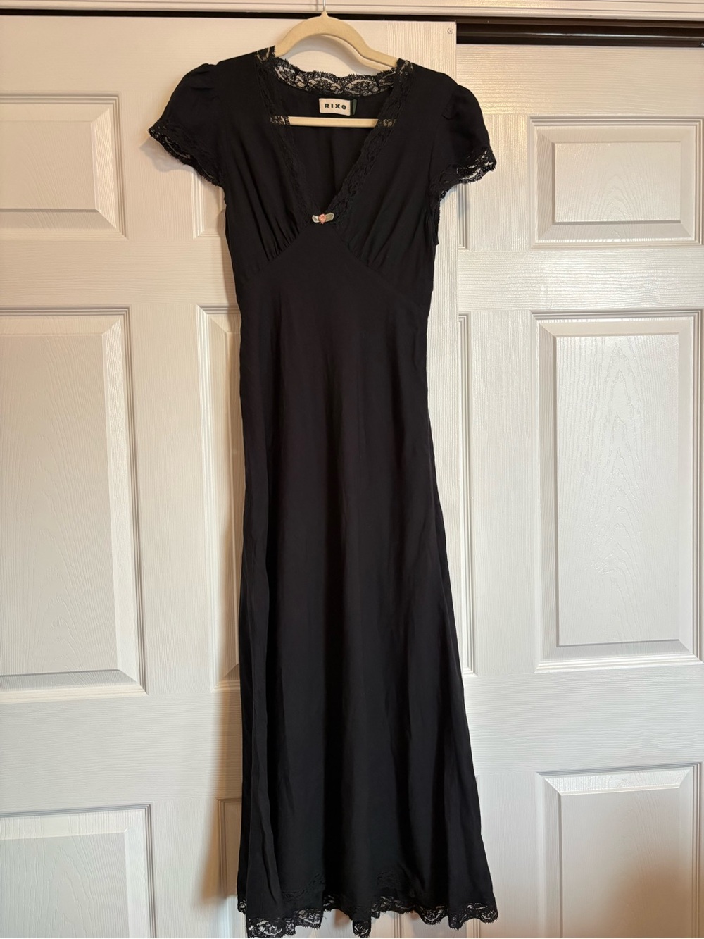 RIXO “Clarice” Black Lace-Trim Maxi Dress with Rosette Detail US 4